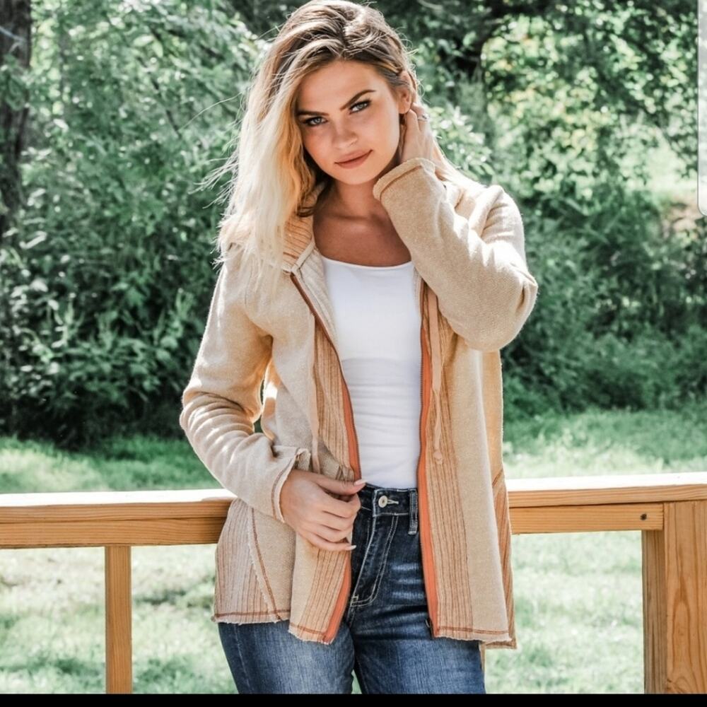 ODDY distressed mixed knit full zip hoodie tan small